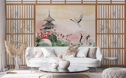 Cranes at Tranquil Pagoda Mural Wallpaper in living room