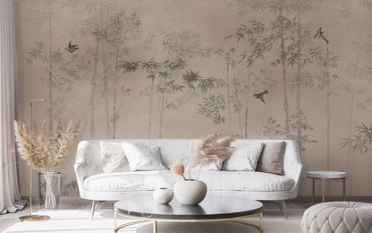 Misty Bamboo Grove Mural Wallpaper in living room