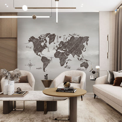 World Sketch Map Wallpaper Art in living room
