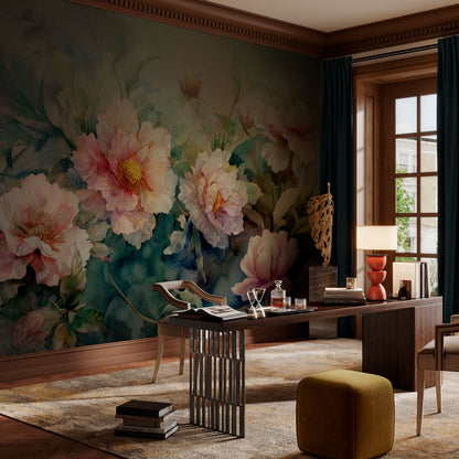 Elegant Watercolor Large Floral Wallpaper in office