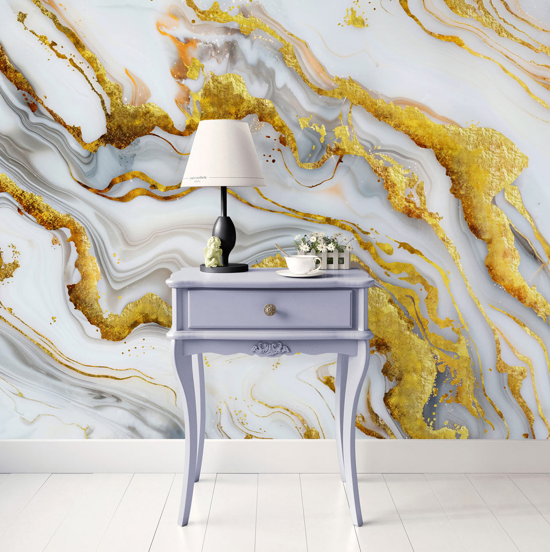 Luminous Gold Flow Mural Wallpaper in living room