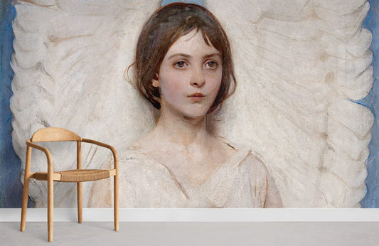 a room with an angel mural wallpaper