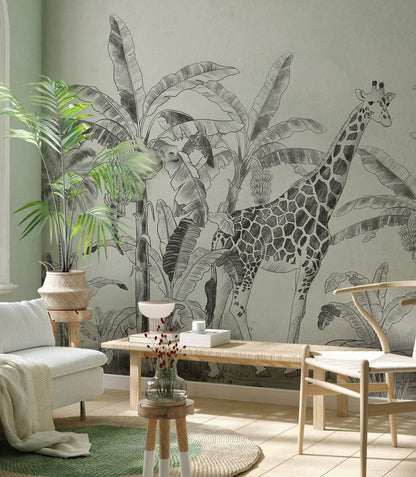 Mural wallpaper depicting animals in tropical environments, suitable for use in adorning the living room
