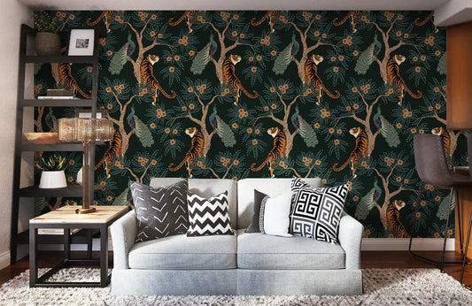 Exotic Jungle Tiger Peacock Mural Wallpaper