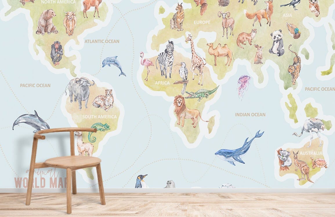 Animal World Map Nursery Mural Wallpaper