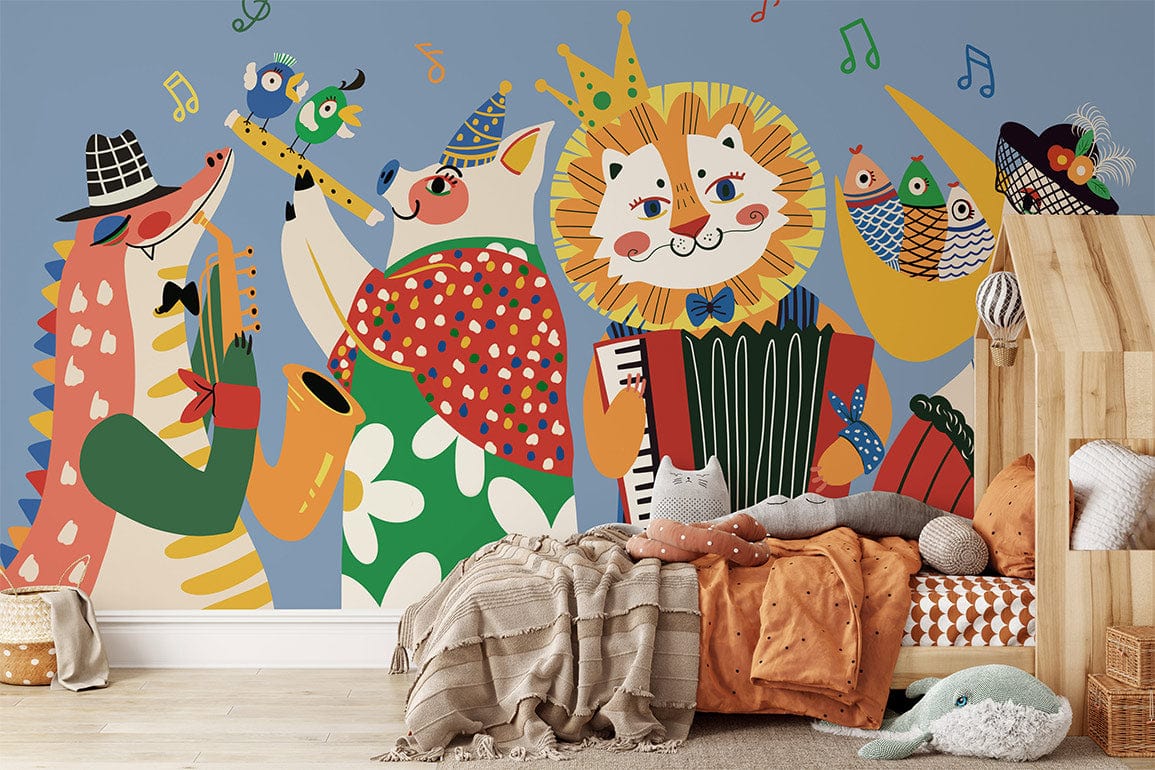 Children's rooms can be decorated with mural wallpaper depicting an animal symphony orchestra.