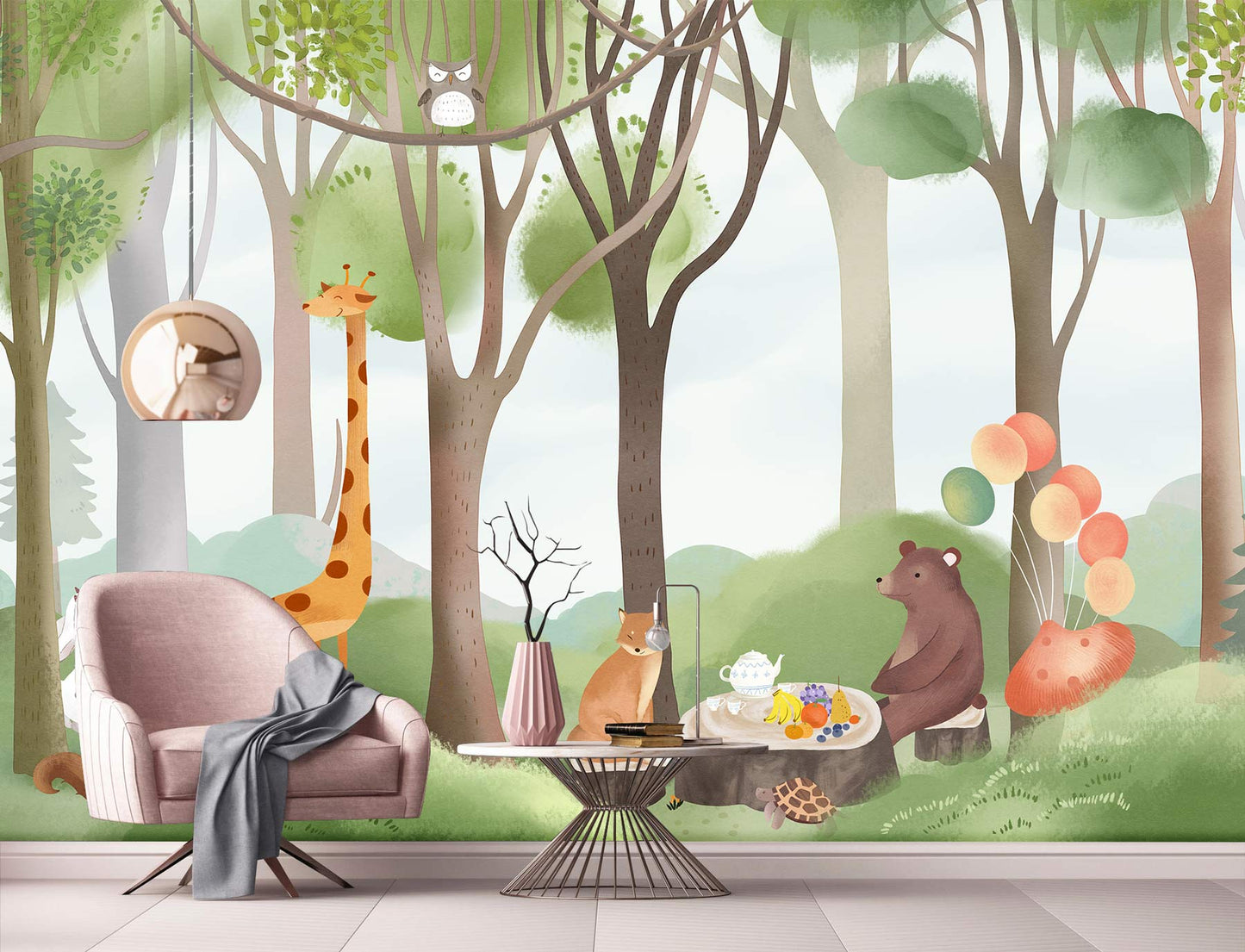Children's room with whimsical forest mural, pink armchair, modern table, and playful animal illustrations.