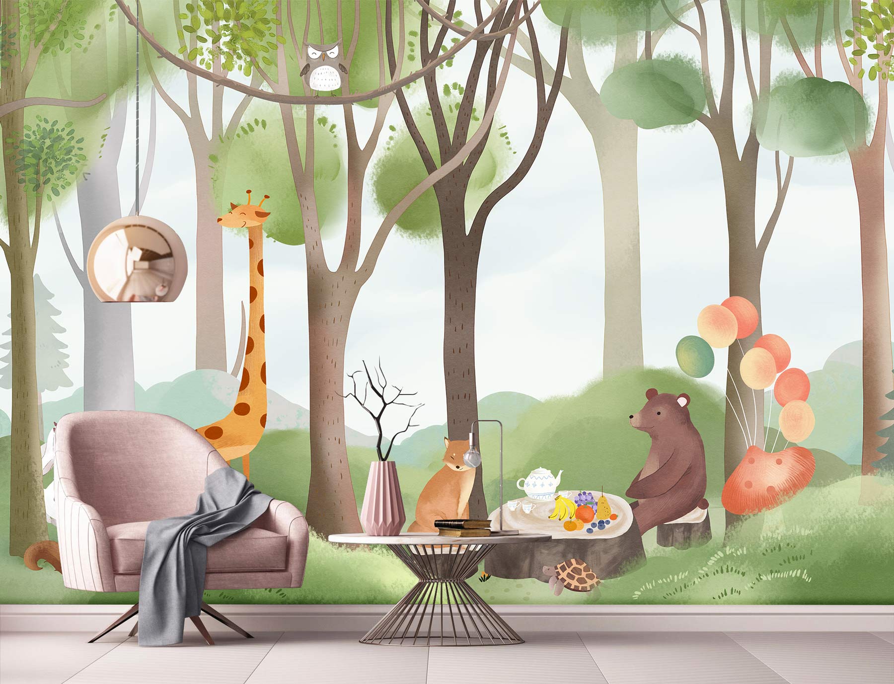 Children's room with whimsical forest mural, pink armchair, modern table, and playful animal illustrations.