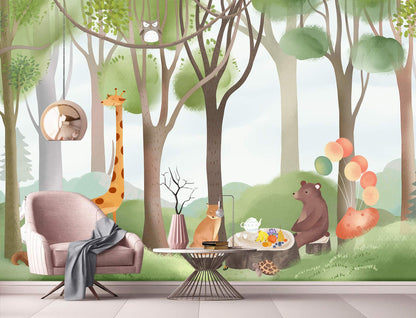Children's room with whimsical forest mural, pink armchair, modern table, and playful animal illustrations.