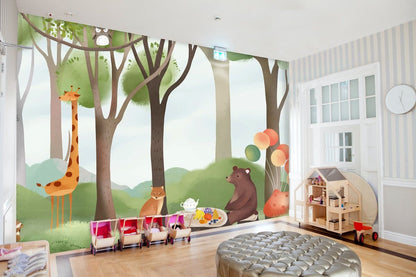 Whimsical Forest Adventure mural wallpaper in children's room with playhouse and wooden flooring.
