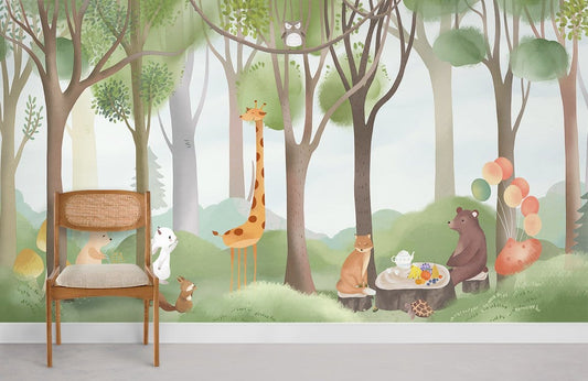 Whimsical Forest Adventure mural wallpaper with animals, wooden chair, grey floor, in children's room decor.