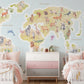 Wallpaper mural with an animal map for use in decorating bedrooms