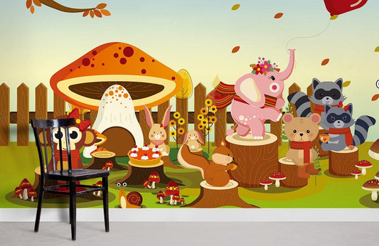 Colorful Animal Party Kids Mural Wallpaper