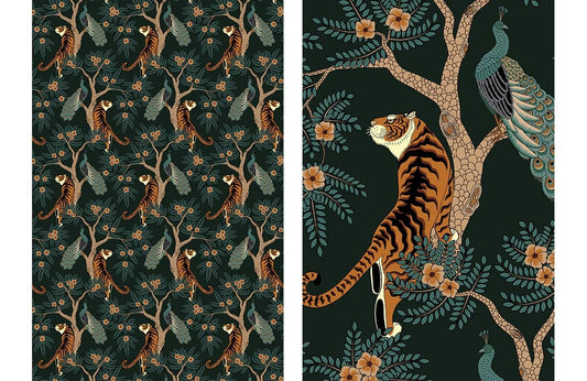 Exotic Jungle Tiger Peacock Mural Wallpaper