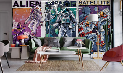 space alien and astronaut with rocket wallpaper decoration  living room