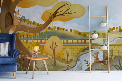 Wallpaper mural with an autumn train full of animals for the living room's decor.