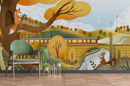 Hallway adornment featuring an autumn train animal wallpaper mural.