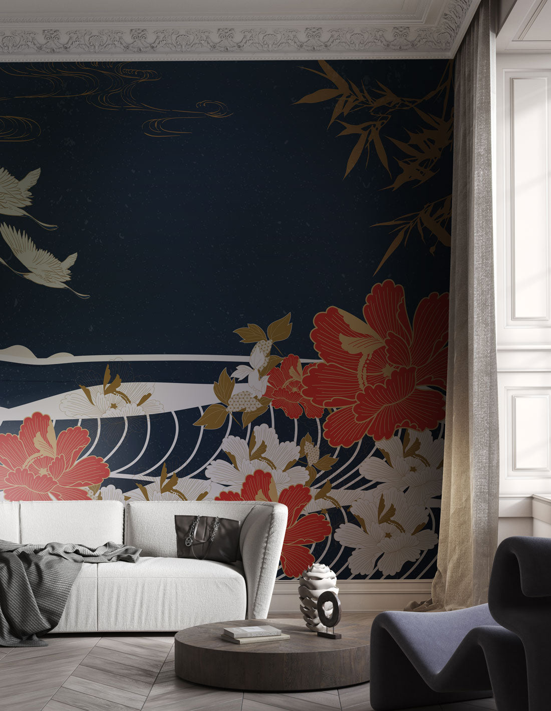 Crimson Sun and Flight Mural Wallpaper in living room