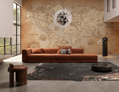 Vintage World Map Nautical Wallpaper in living room