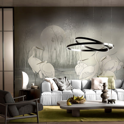 Moonlit Egret Gathering Mural Wallpaper in living room