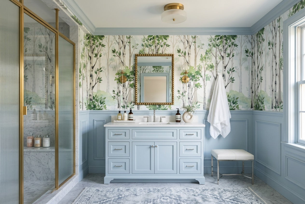 Calm Green Birch Forest Wallpaper Mural interior scene