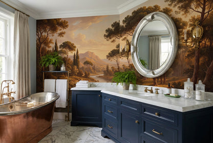 Golden Rustic Pine Landscape Wallpaper Mural interior setting
