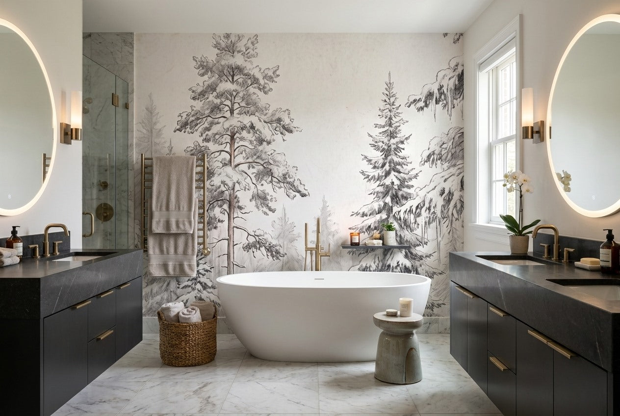 Gray Sketch Pine Forest Wallpaper Mural interior setting