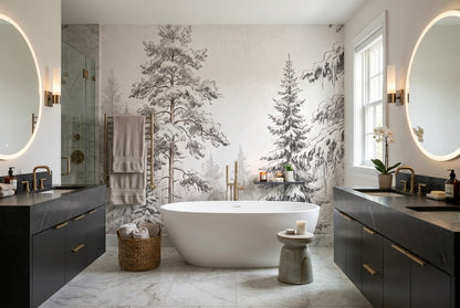 Gray Sketch Pine Forest Wallpaper Mural interior setting