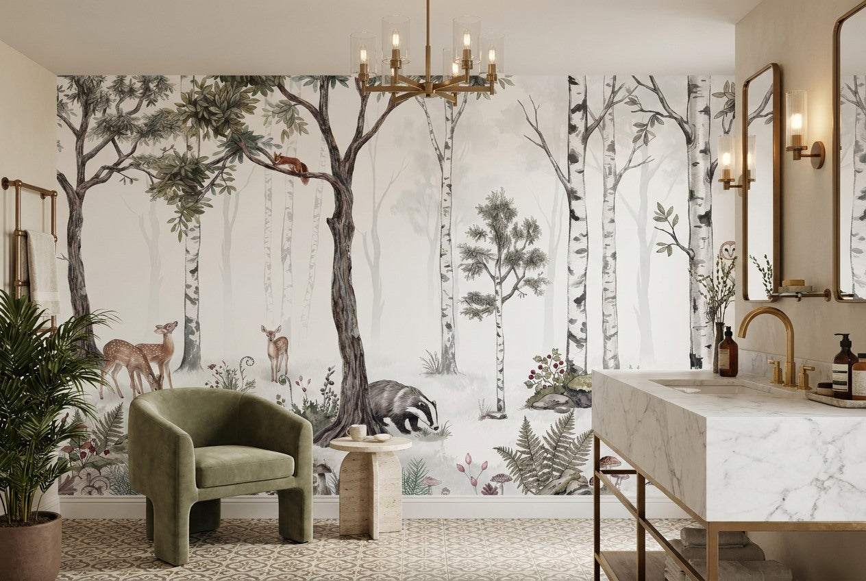 Cream Birch Forest Wallpaper Mural in an interior room