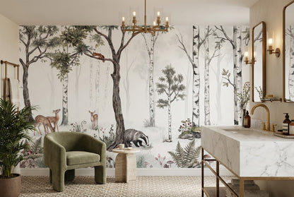Cream Birch Forest Wallpaper Mural in an interior room