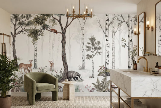 Cream Birch Forest Wallpaper Mural in an interior room