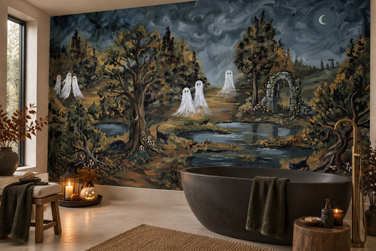 Ghosts in Dark Enchanted Forest Halloween Wallpaper Mural - image 1