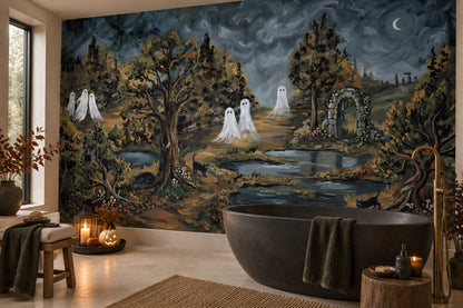 Ghosts in Dark Enchanted Forest Halloween Wallpaper Mural - image 1