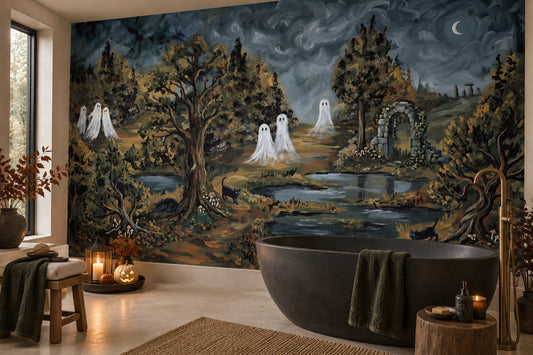 Ghosts in Dark Enchanted Forest Halloween Wallpaper Mural - image 1