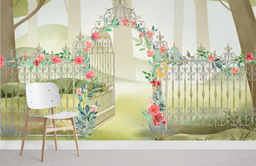 Enchanted Garden Gate Floral Mural Wallpaper