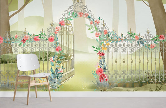 Gate with Flowers Wallpaper Mural Art Design