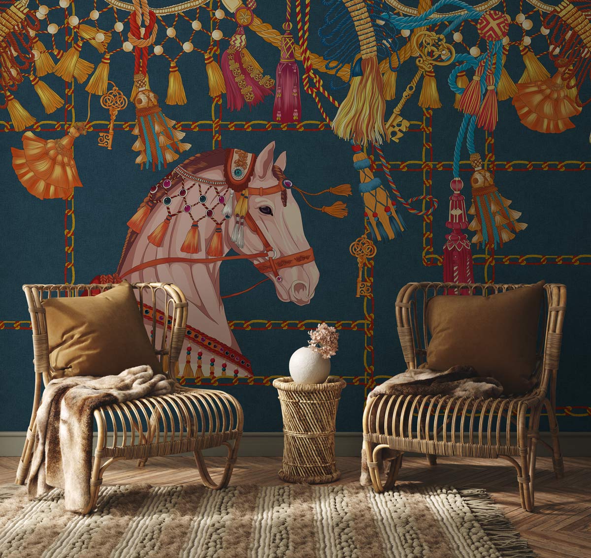 Luxury Equestrian Tassel Navy Mural Wallpaper