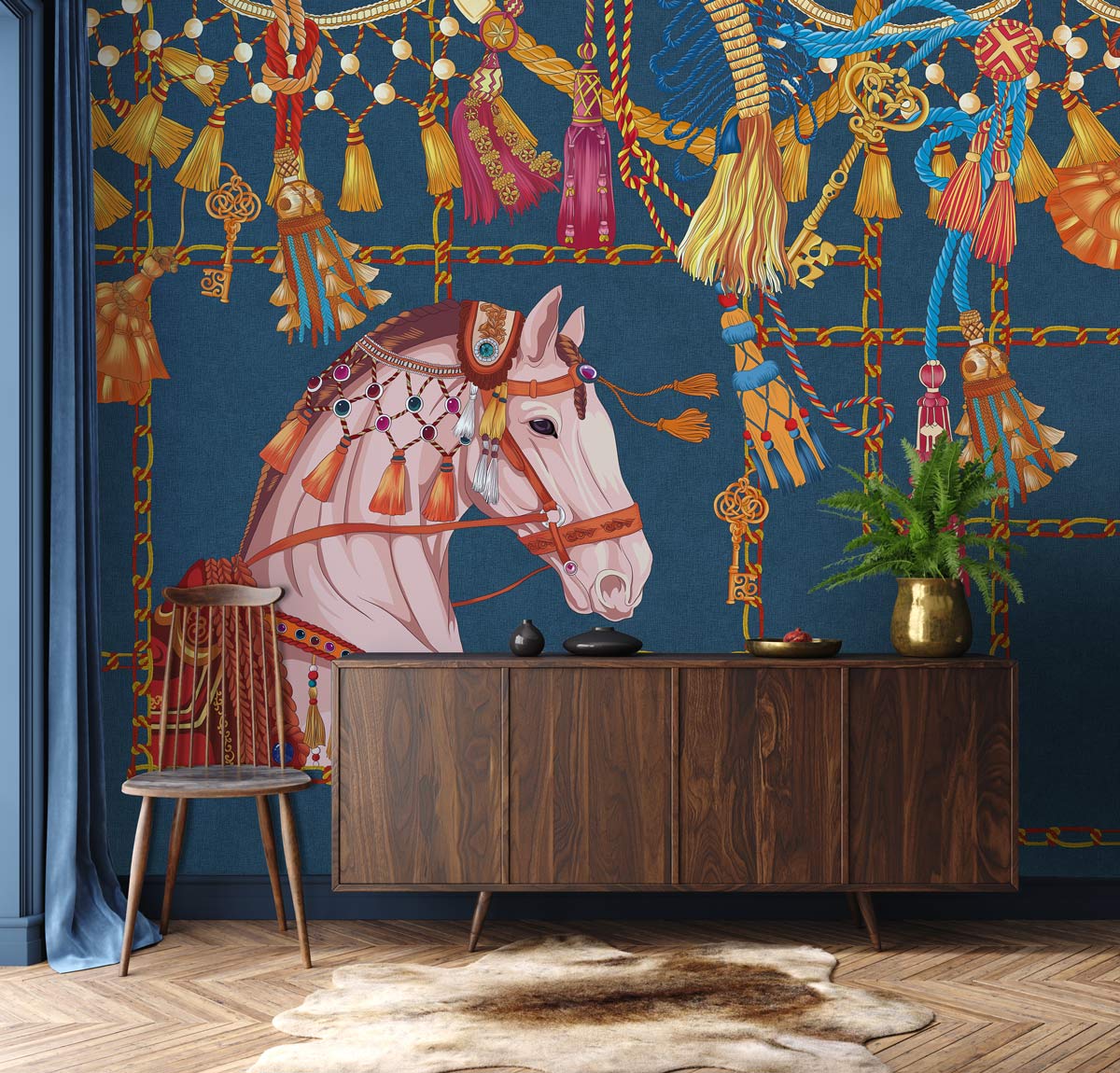 Luxury Equestrian Tassel Navy Mural Wallpaper