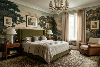 Vintage Teal Lakeside Forest Wallpaper Mural room scene