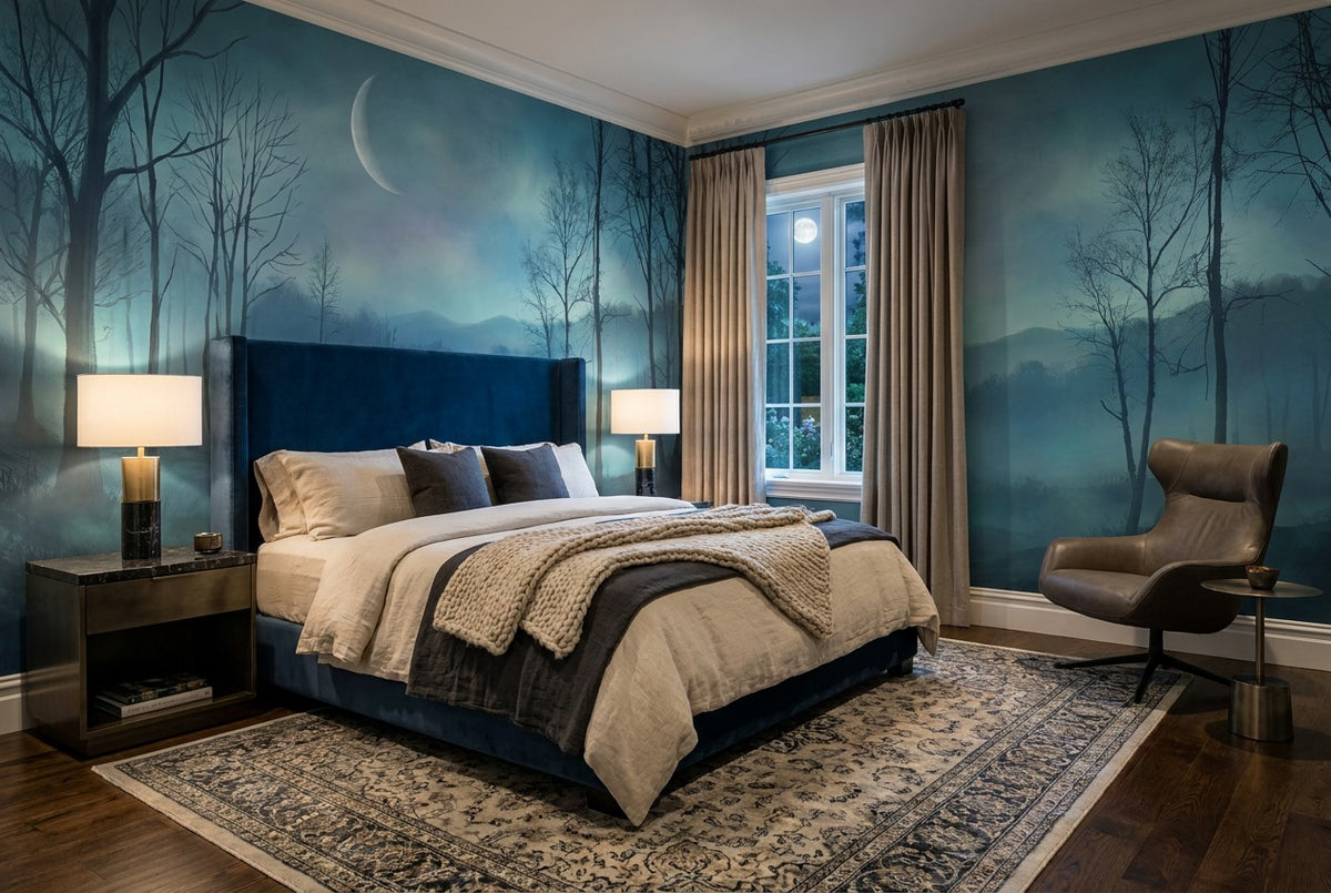 Misty Blue Crescent Moon Forest Wallpaper Mural interior scene