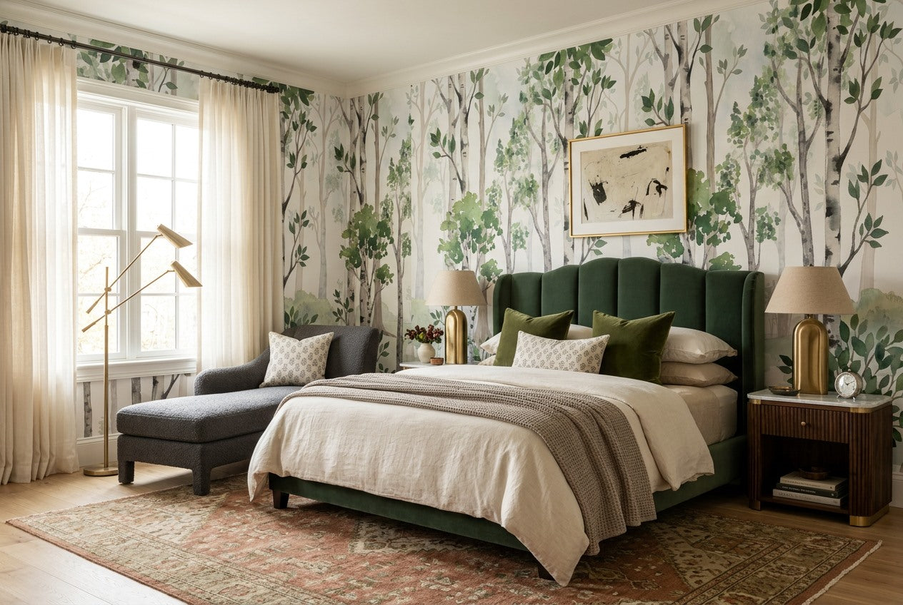Calm Green Birch Forest Wallpaper Mural room scene