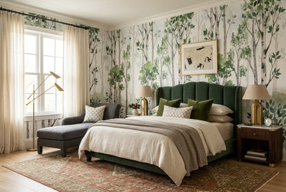 Calm Green Birch Forest Wallpaper Mural room scene