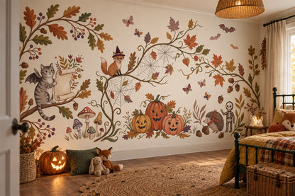 Cats Pumpkins Skeleton Owl and Autumn Vines Halloween Wallpaper Mural - image 1