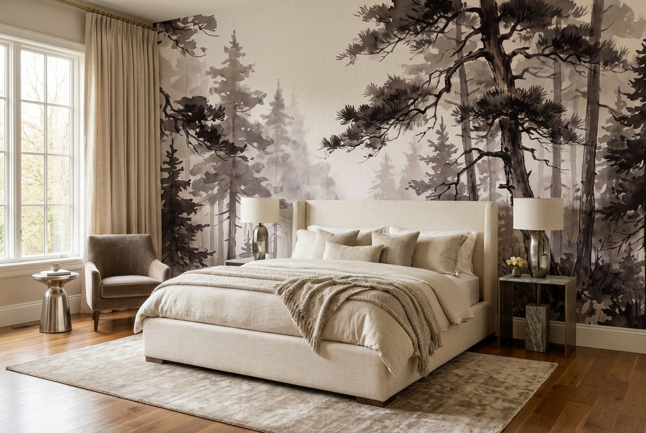 Brown Ink Pine Forest Wallpaper Mural interior setting