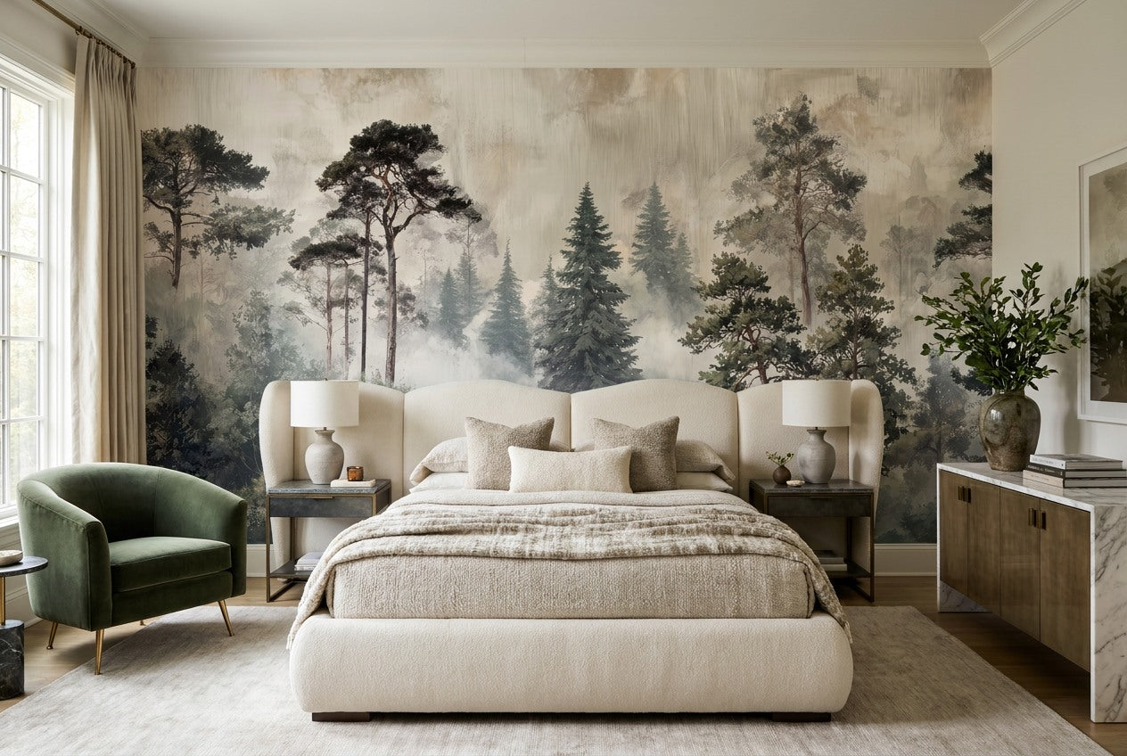 Misty Gray Woodland Pine Tree Wallpaper Mural interior setting