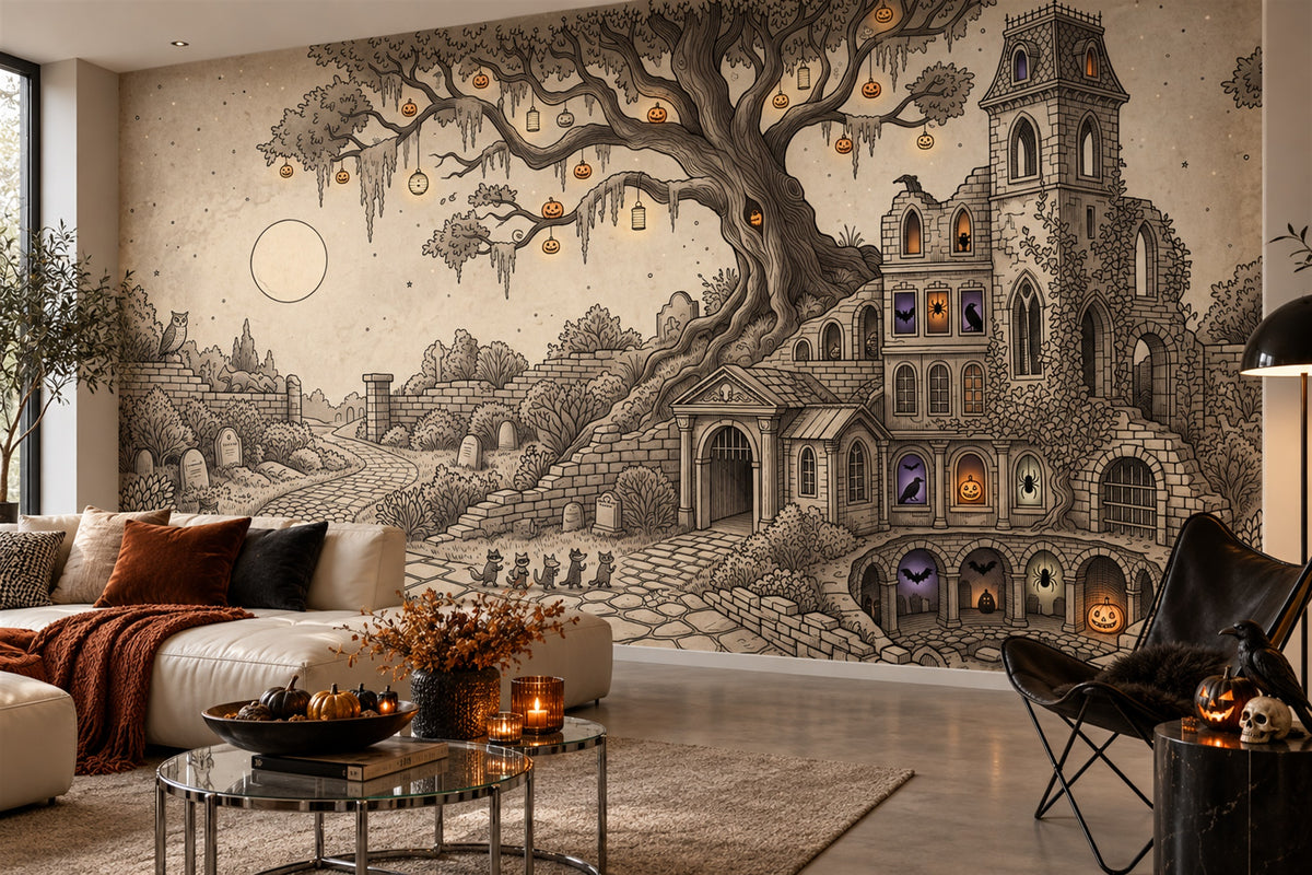Haunted Manor Ancient Tree and Graveyard Halloween Wallpaper Mural - image 4