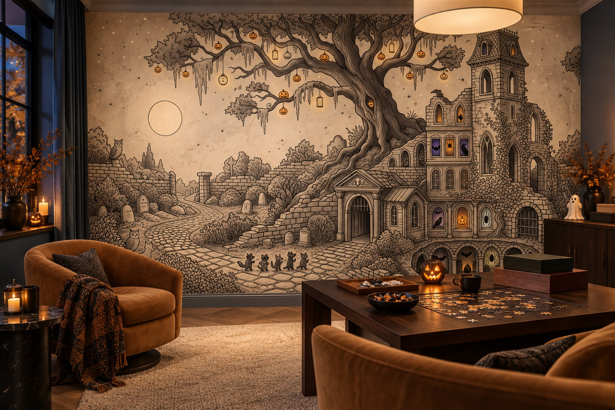 Haunted Manor Ancient Tree and Graveyard Halloween Wallpaper Mural - image 1