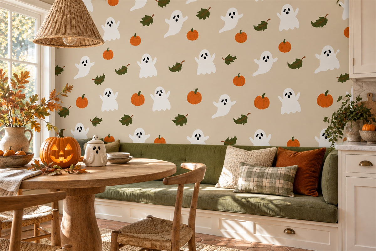 Ghosts Pumpkins and Green Leaves Halloween Wallpaper Mural - image 1