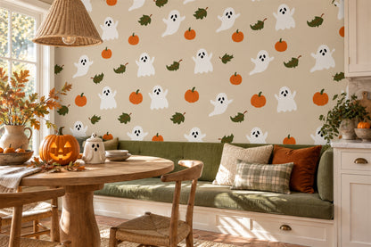 Ghosts Pumpkins and Green Leaves Halloween Wallpaper Mural - image 1