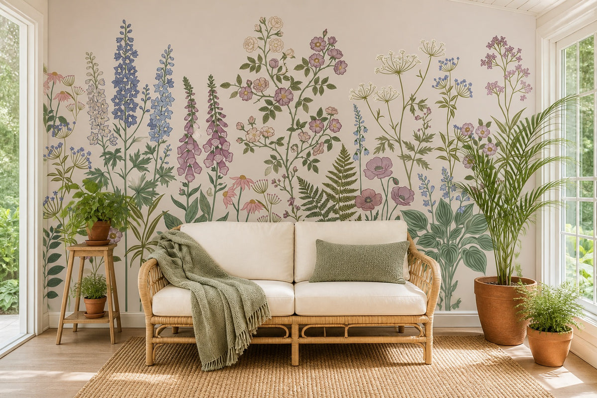 Beige Foxglove Meadow Garden Wallpaper Mural - 5